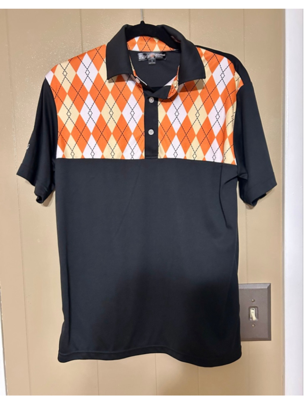 Tito's Vodka Men’s Polo Golf Shirt M Argyle Black Orange Austin Texas